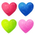 Heart set watercolor hand drawn paper texture decorative violet, pink, orange, green, blue isolated hearts on white background. Royalty Free Stock Photo
